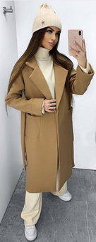 Женское кашемировое однотонное пальто с накладными карманами и поясом (Кемель) фото — Beauty&Fashion