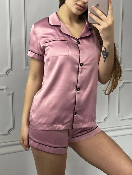 Жіноча однотонна шовкова піжама двійка (сорочка з коротким рукавом+шорти) (Темно-рожевий) фото — Beauty&Fashion