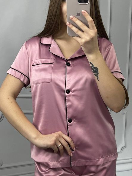 Жіноча однотонна шовкова піжама двійка (сорочка з коротким рукавом+шорти) (Темно-рожевий) фото — Beauty&Fashion
