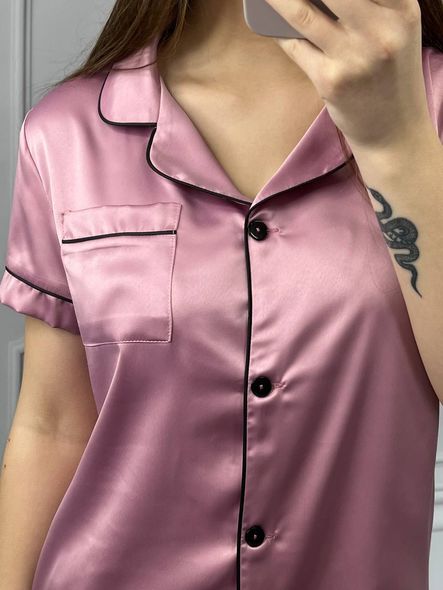 Женская однотонная шелковая пижама двойка (рубашка с коротким рукавом+шорты) (Темно-розовый) фото — Beauty&Fashion