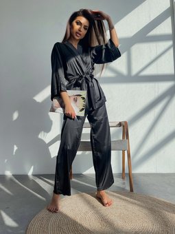 Шовкова стильний домашня піжама трійка халат+штани жіноча чорного кольору фото — Beauty&Fashion