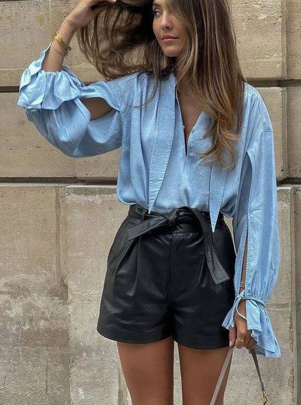 Летняя однотонная рубашка из льна женская голубого цвета фото — Beauty&Fashion