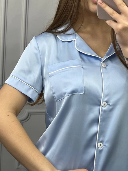 Жіноча однотонна шовкова піжама двійка (сорочка з коротким рукавом+шорти) (Блакитний) фото — Beauty&Fashion