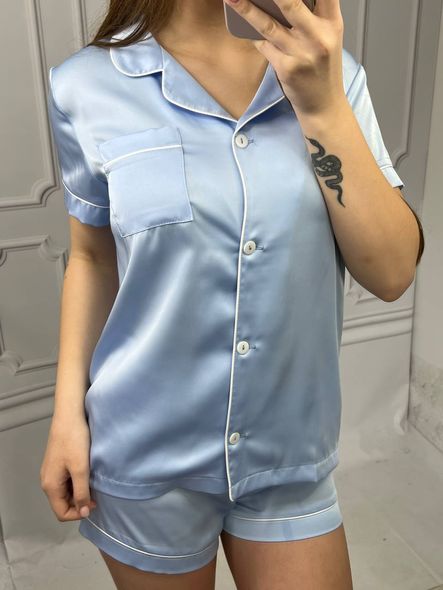 Жіноча однотонна шовкова піжама двійка (сорочка з коротким рукавом+шорти) (Блакитний) фото — Beauty&Fashion
