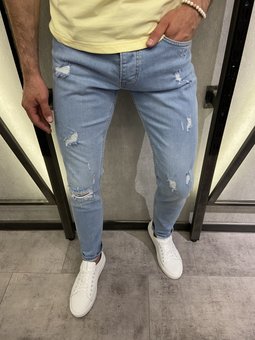 Чоловічі стильні джинси Slim з потертостями (Блакитний) фото — Beauty&Fashion