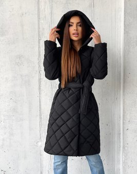 Однотонная куртка с поясом на силиконе 200 женская черного цвета фото — Beauty&Fashion