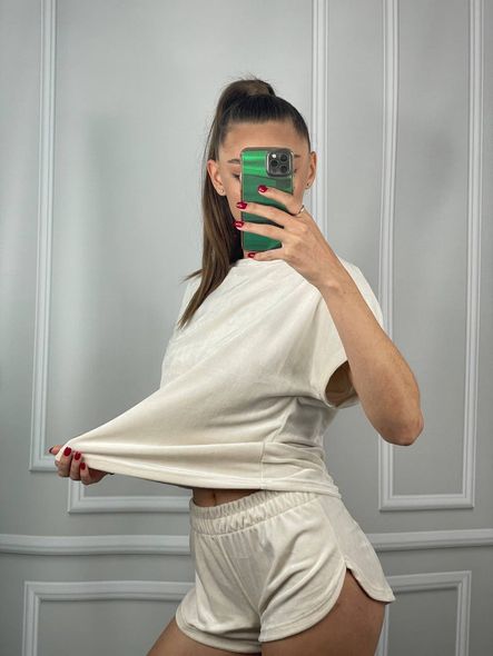Жіночий комплект піжами трійка з плюшевого велюру(Кремовий) фото — Beauty&Fashion