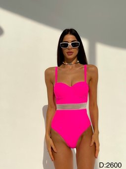Суцільний купальник однотонний з прозорими вставками на талії жіночий рожевого кольору фото — Beauty&Fashion