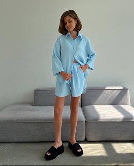 Летний вафельный летний костюм (рубашка+шорты) однотонный женский голубого цвета фото — Beauty&Fashion