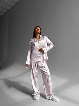 Шовкова смугаста домашня піжама (сорочка+штани) жіноча білого кольору фото — Beauty&Fashion