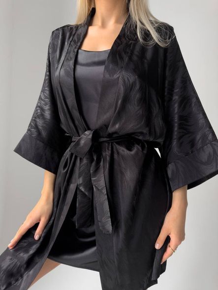 Домашний стильный шелковый комплекты (халат+рубашка) женский черного цвета фото — Beauty&Fashion
