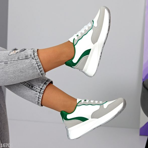 Жіночі стильні замшево шкіряні кросівки "Style" (Білий/Сірий/Зелений) фото — Beauty&Fashion