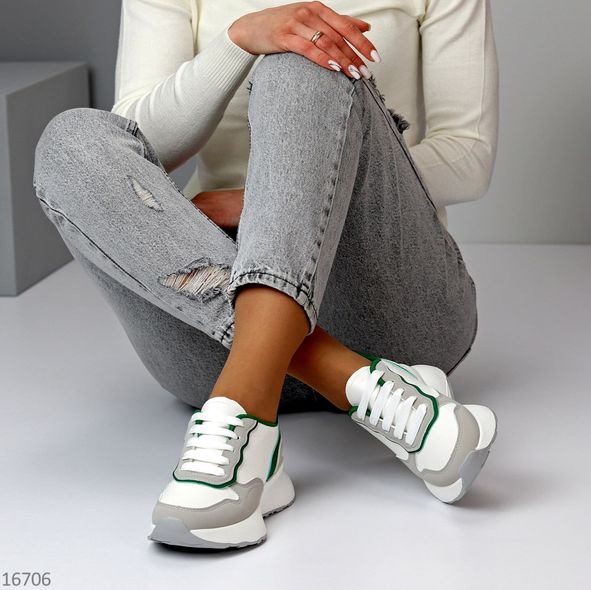 Жіночі стильні замшево шкіряні кросівки "Style" (Білий/Сірий/Зелений) фото — Beauty&Fashion