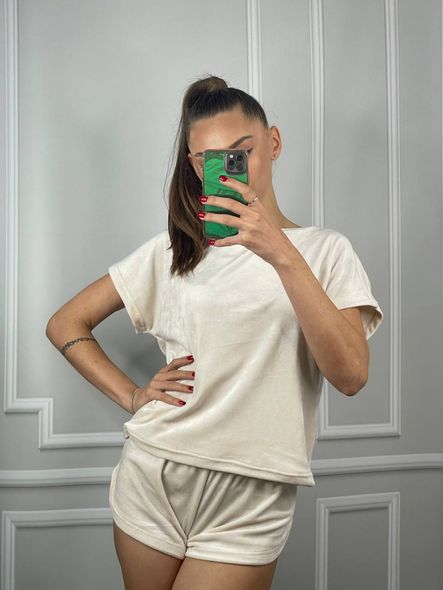 Мягкий женский комплект пижамы тройки из плюшевого велюра (Кремовый) фото — Beauty&Fashion