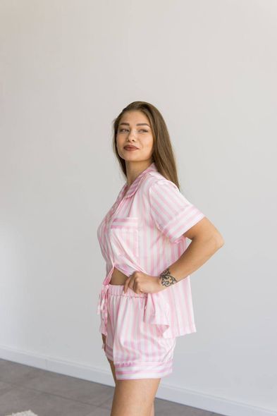 Жіноча смугаста сатинова піжама двійка (сорочка+шорти) (Рожевий) фото — Beauty&Fashion