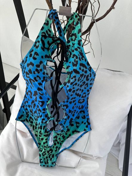 Сплошной леопардовый купальник с завязками женский сине-бежевого цвета фото — Beauty&Fashion
