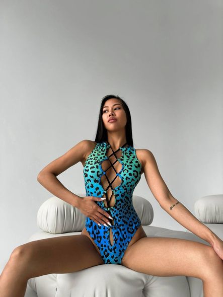 Сплошной леопардовый купальник с завязками женский сине-бежевого цвета фото — Beauty&Fashion
