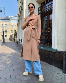 Жіноче універсальне однотонне пальто з поясом (Бежевий) фото — Beauty&Fashion