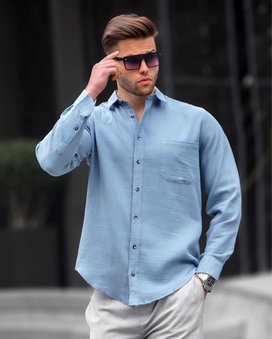 Чоловіча вільна однотонна сорочка на гудзиках (Блакитний) фото — Beauty&Fashion