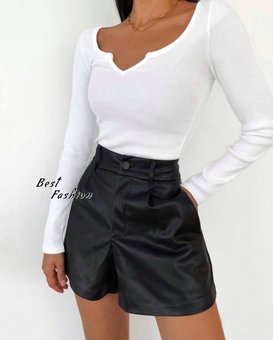 Женские стильные однотонные шорты из экокожи (Черный) фото — Beauty&Fashion
