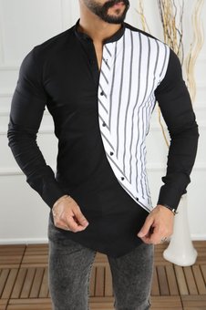 Чоловіча приталена сорочка на бік (Чорно-білий) фото — Beauty&Fashion