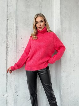 Тепли та однотонний светр з горловиною жіночий малинового кольору фото — Beauty&Fashion