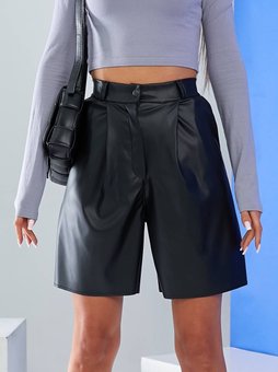 Женские стильные свободные шорты из экокожи (Черный) фото — Beauty&Fashion