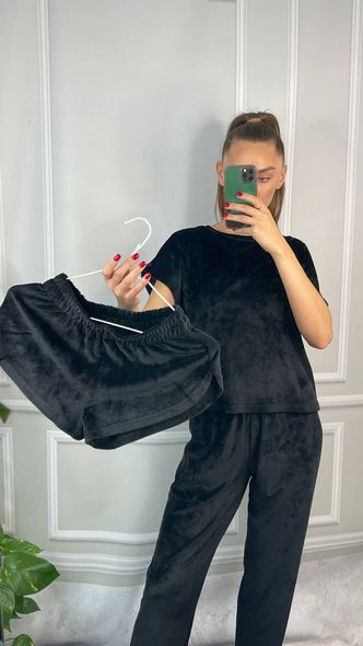 Мягкий женский комплект пижамы тройки из плюшевого велюра (Черный) фото — Beauty&Fashion