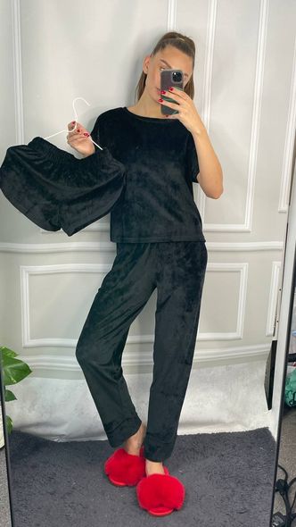 Мягкий женский комплект пижамы тройки из плюшевого велюра (Черный) фото — Beauty&Fashion