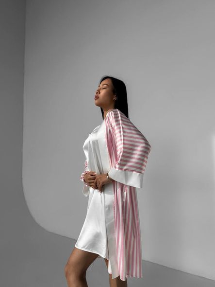 Стильный домашний шелковый комплект (халат+рубашка) женский черно-бежевого цвета фото — Beauty&Fashion