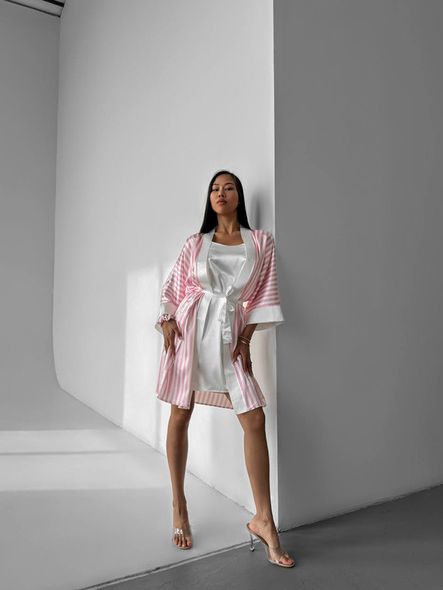 Стильный домашний шелковый комплект (халат+рубашка) женский черно-бежевого цвета фото — Beauty&Fashion