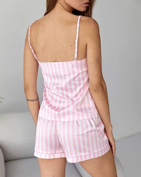 Жіноча ніжні смугаста сатинова піжама двійка шорти+майка рожевий фото — Beauty&Fashion