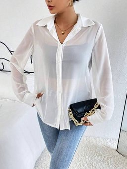 Прозрачная свободная рубашка однотонная женская белого цвета фото — Beauty&Fashion