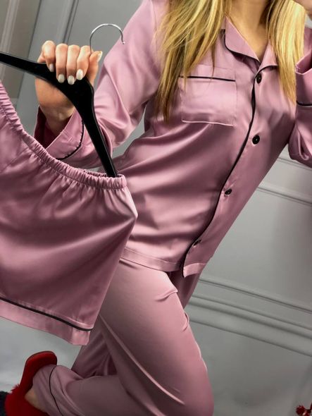 Жіноча однотонна шовкова піжама трійка (сорочка з довгим рукавом, штани, шорти) (Темно-рожевий) фото — Beauty&Fashion