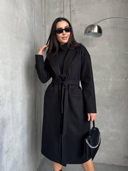 Кашемировое однотонное пальто на поясе женское черного цвета фото — Beauty&Fashion