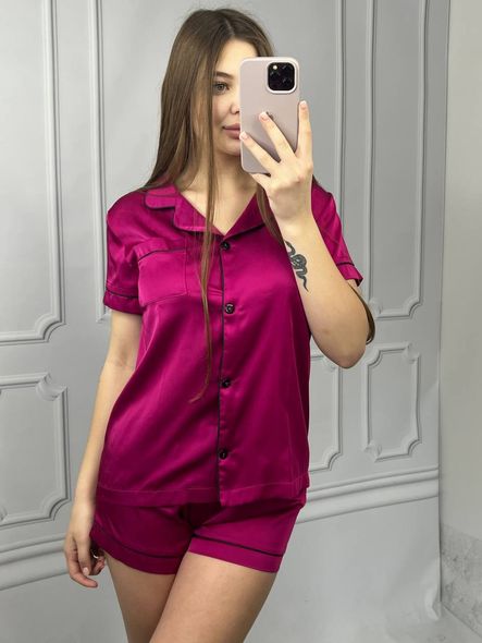 Женская однотонная шелковая пижама двойка (рубашка с коротким рукавом+шорты) (Малиновый) фото — Beauty&Fashion