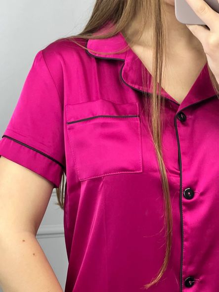 Женская однотонная шелковая пижама двойка (рубашка с коротким рукавом+шорты) (Малиновый) фото — Beauty&Fashion