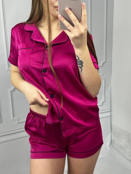 Жіноча однотонна шовкова піжама двійка (сорочка з коротким рукавом+шорти) (Малиновий) фото — Beauty&Fashion