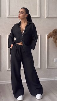 Легкий летний леновый костюм (рубашка+штаны) свободные женский черного цвета фото — Beauty&Fashion