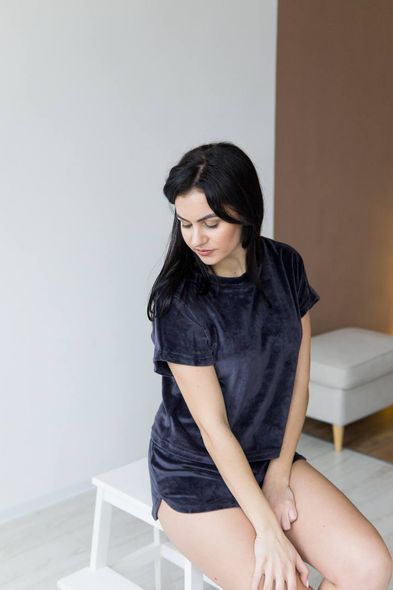 Жіночі зручна і стильна піжама двійка з велюру (Футболка + шорти) (Сіро-синій) фото — Beauty&Fashion