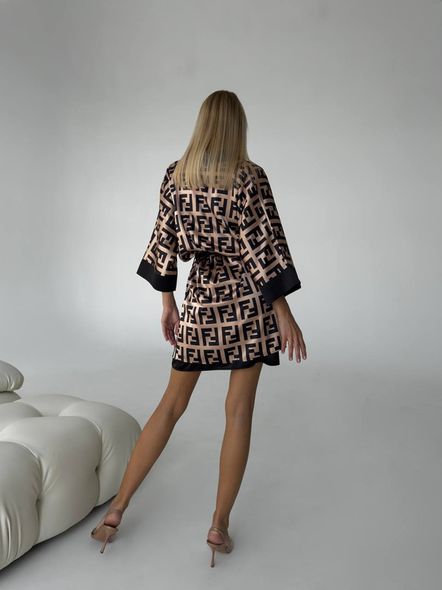 Стильний домашній шовковий комплект (халат+сорочка) жіночий чорно-бежевого кольору фото — Beauty&Fashion
