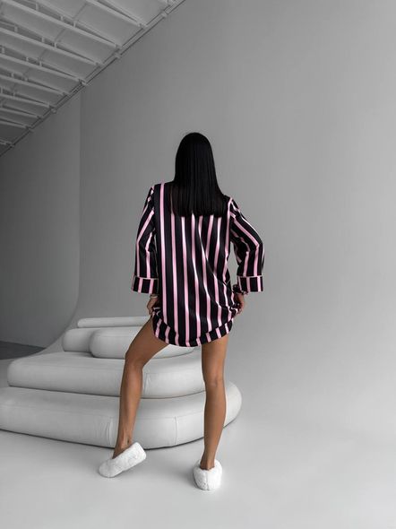 Шовкова однотонна домашня сорочка з смужками жіноча чорного кольору фото — Beauty&Fashion