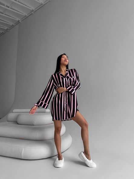 Шелковая однотонная домашняя рубашка с полосками женская черного цвета фото — Beauty&Fashion