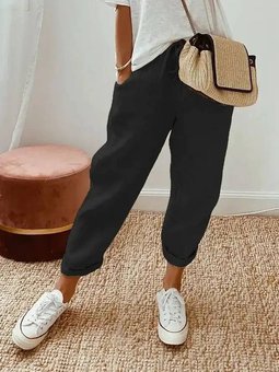 Летние однотонные леновые брюки женского черного цвета фото — Beauty&Fashion