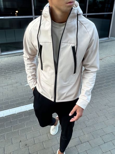 Трендовая демисезонная однотонная куртка софт шел на микрофлисе мужская бежевого цвета фото — Beauty&Fashion