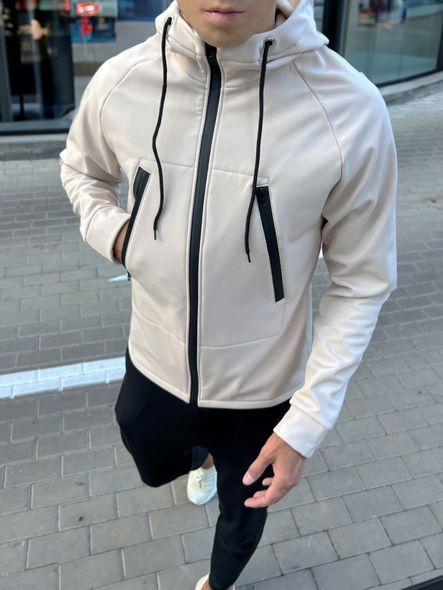 Трендовая демисезонная однотонная куртка софт шел на микрофлисе мужская бежевого цвета фото — Beauty&Fashion