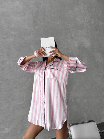 Полосатая шелковая домашняя рубашка женская светло-розового цвета фото — Beauty&Fashion