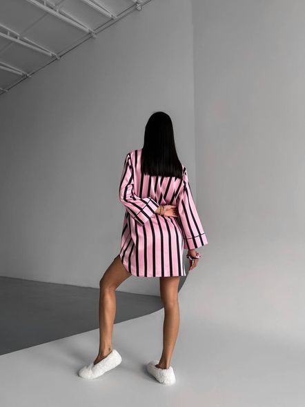 Смугаста шовкова домашня сорочка жіноча чорно-рожевого кольору фото — Beauty&Fashion