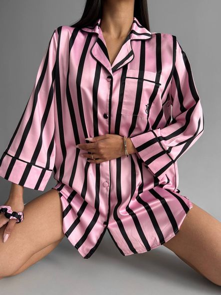 Полосатая шелковая домашняя женская рубашка черно-розового цвета фото — Beauty&Fashion