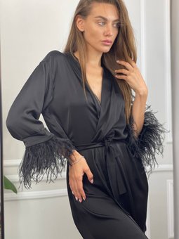 Стильний жіночий шовковий халат з пір'ям(Чорний) фото — Beauty&Fashion
